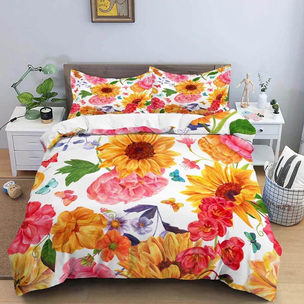 Vintage Flower King Queen Duvet Cover Peony Sunflower Bedding Set Tropical Floral Quilt Cover Boho Polyester Comforter Cover