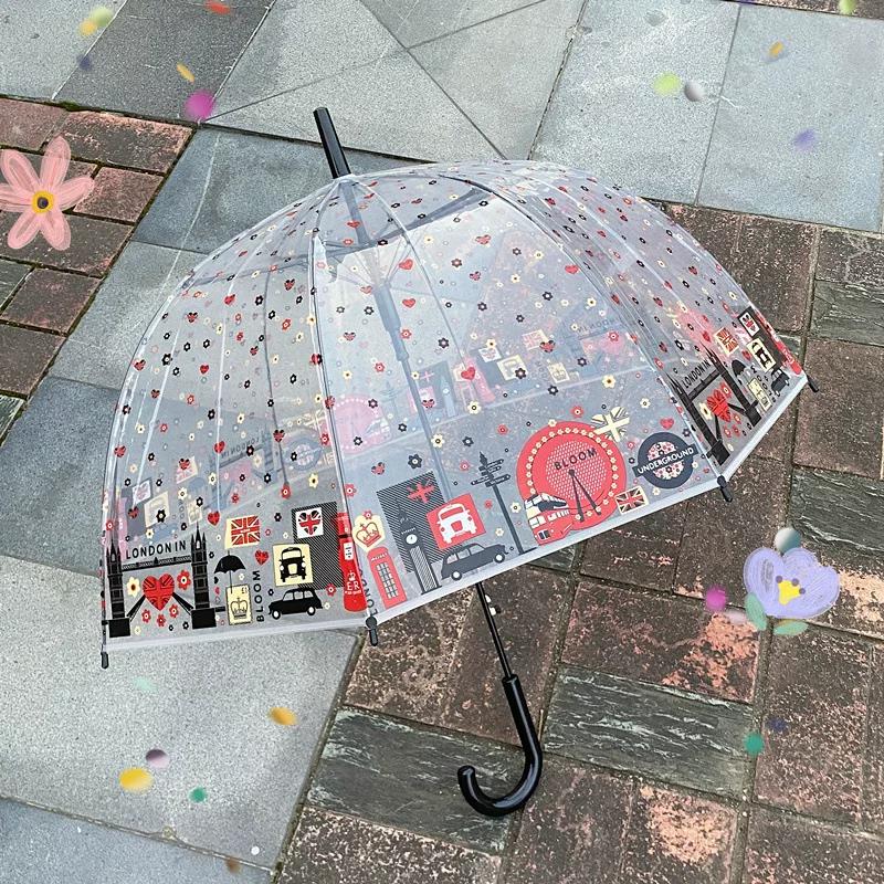 New Style British-Style Tropical Arched Transparent Umbrella with Stained Glass, Long Handle, Automatic, Large, Romantic, for Both Sunny and Rainy