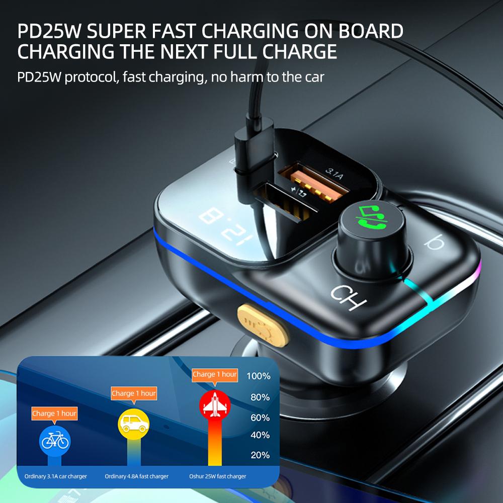 Bluetooth 5.0 Auto-Adapter FM-Transmitter Dual USB3.1A+PD3.1A Ladegerät Display MP3-Player Autoelektronik Zubehör