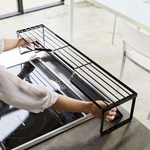 Yamazaki Exhaust Vent Cover Over-Stove Rack for 75cm Stoves, Black, Approx. W82.5 x D18 x H15cm, Tower-Shaped, Tall Pot and Pan Rest, 5267