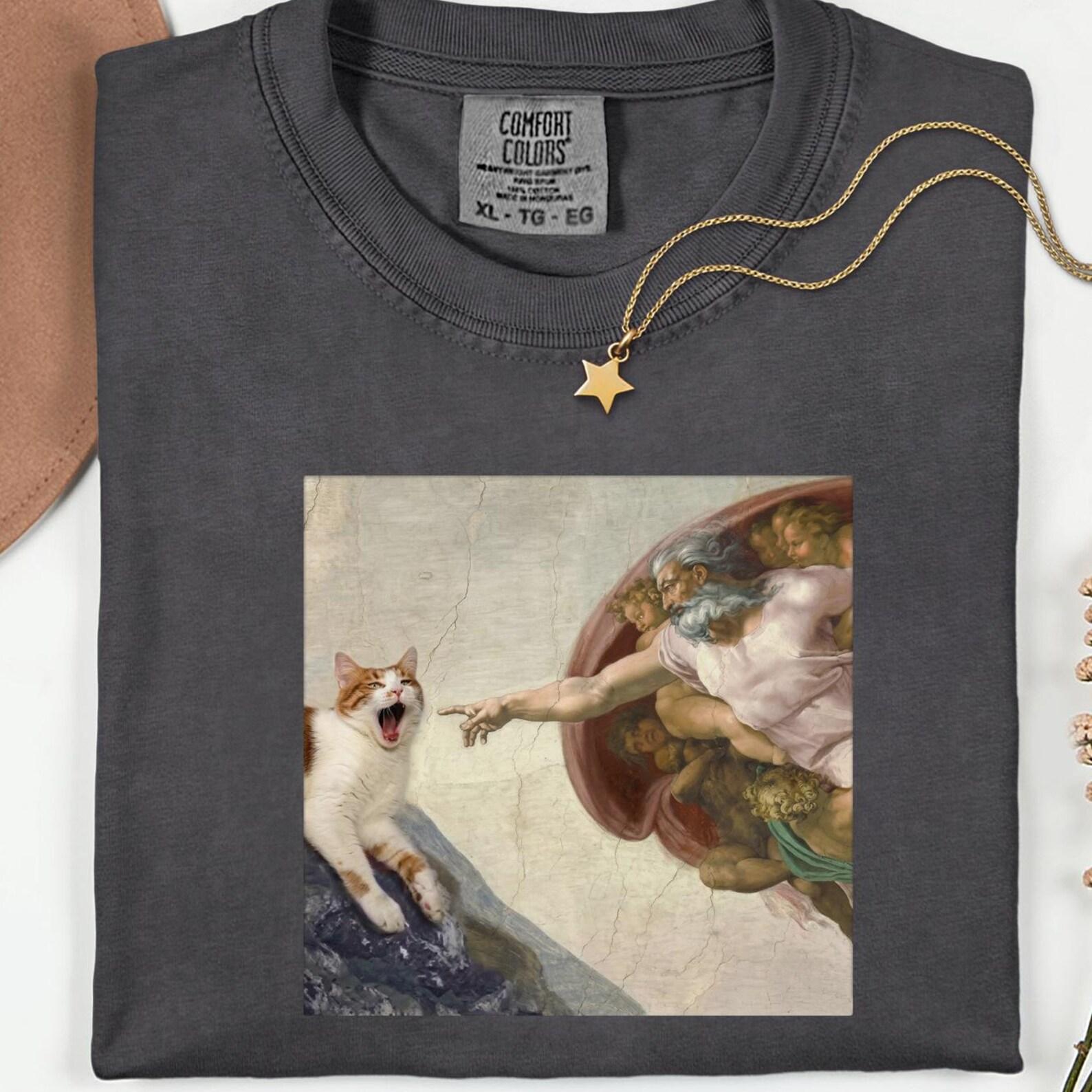 Funny Yawning Cat Creation of Adam Shirt, Renaissance Art Spoof Tee L