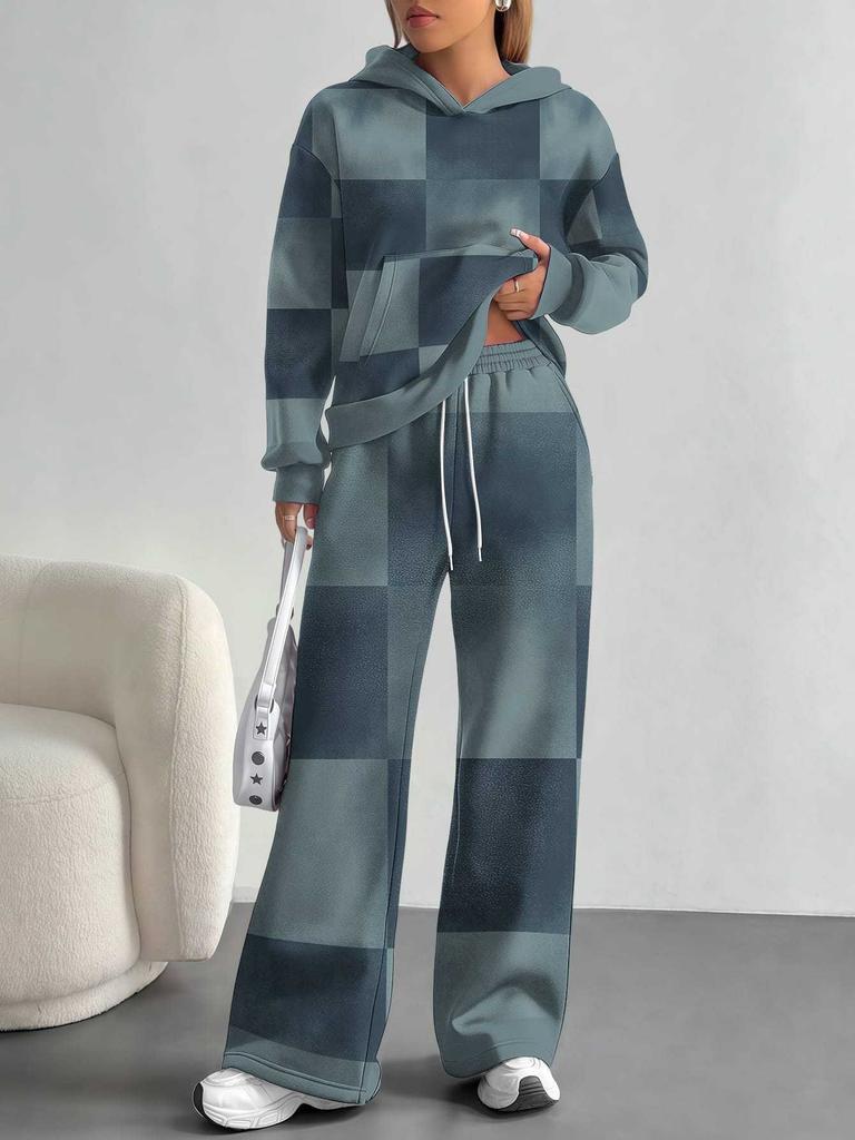 Square Splicing European, American Autumn and Winter Casual Long-sleeved Suit Women's Hooded Sweater Trousers Two-piece Set