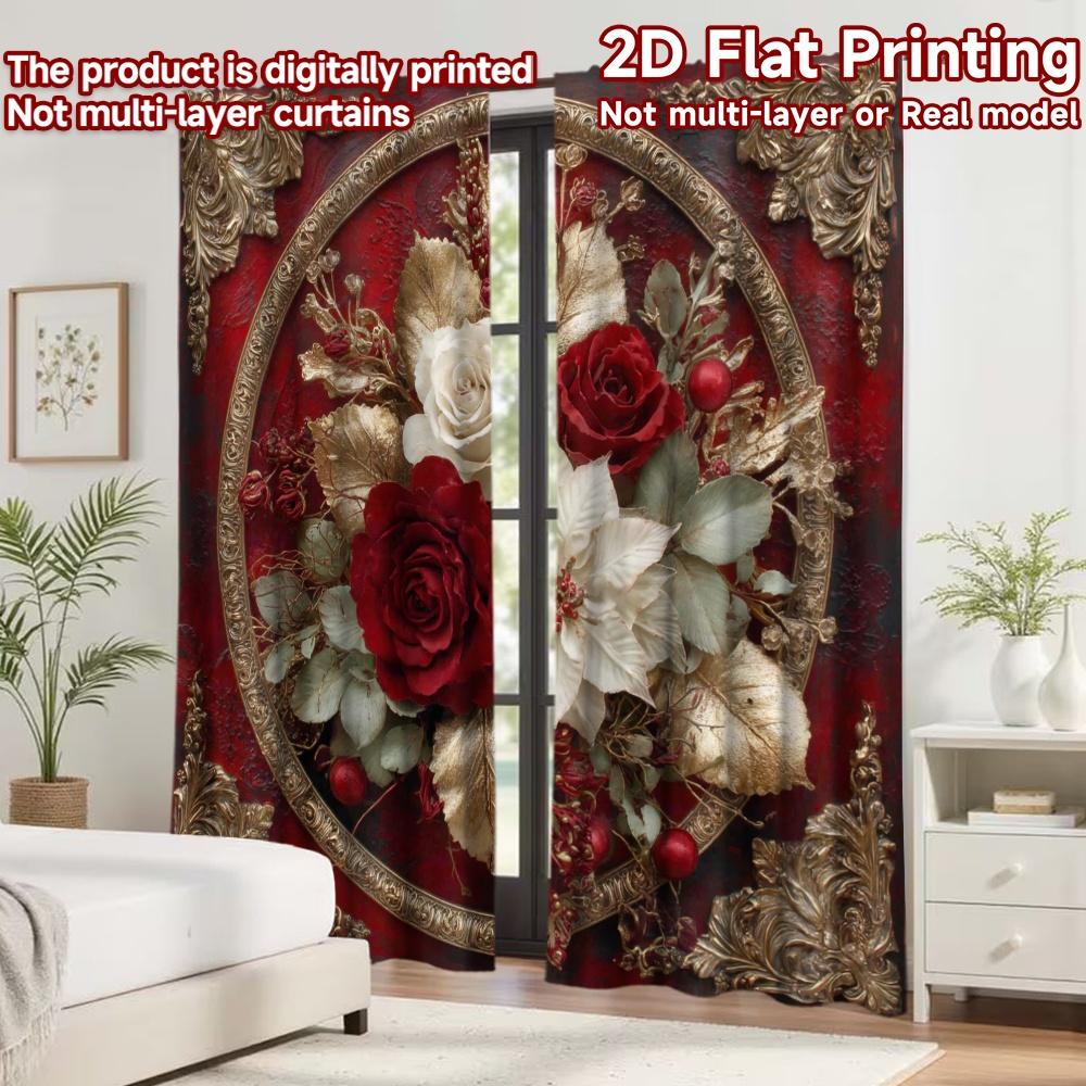 2D Flat Printing 2pcs Curtain Window Treatment Curtains Christmas Floral Golden Frame Digital Printed Polyester Drapes Seasonal