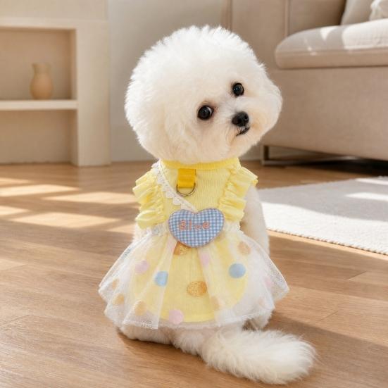 Ruffled Pet Dress, Polka Dot Puppy Dress with Plaid Heart, Cute Dog Princess Dress with D Ring, Breathable Summer Outfit for Small Dogs Cats