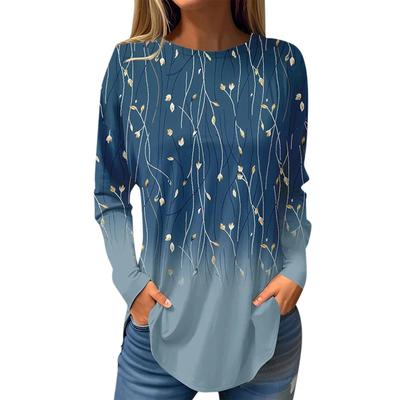 Mode dames T-shirt Lange Mouw Ronde Hals Pullover Casual Plant Wilgentak Patroon 3d Geprint Verloop Geprint t-shirt