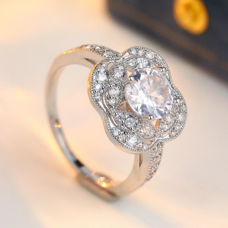 Exquisite Inlaid White CZ Women's Ring Trendy CopperColor Hand Carving Daily Wear Party Jewelry Anniversary Gift
