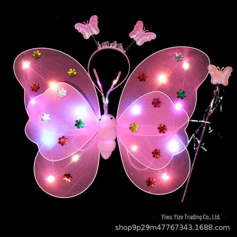Children's Glow Angel Costume: Girl's Gauze Skirt with Flashing Wings and 20-Light Butterfly Design, 3-Piece Set.