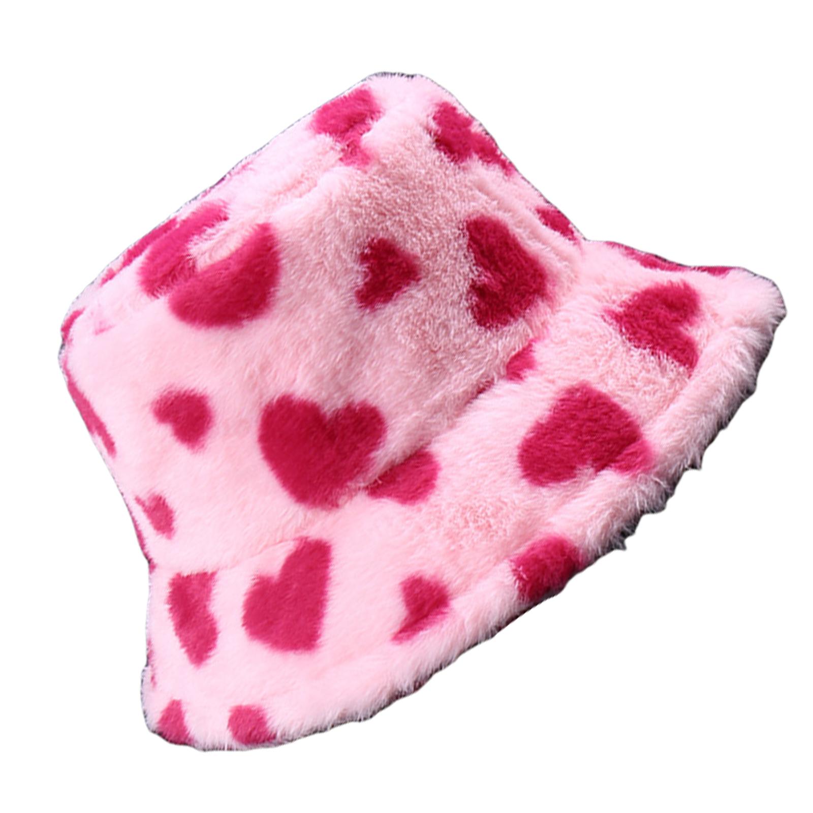 

Heart Pattern Bucket Hat for Outdoor Activity Nondeform Soft Thickened Warm Plush Fisherman Hat for Winter Daily Wear гарячі рожевого кольору