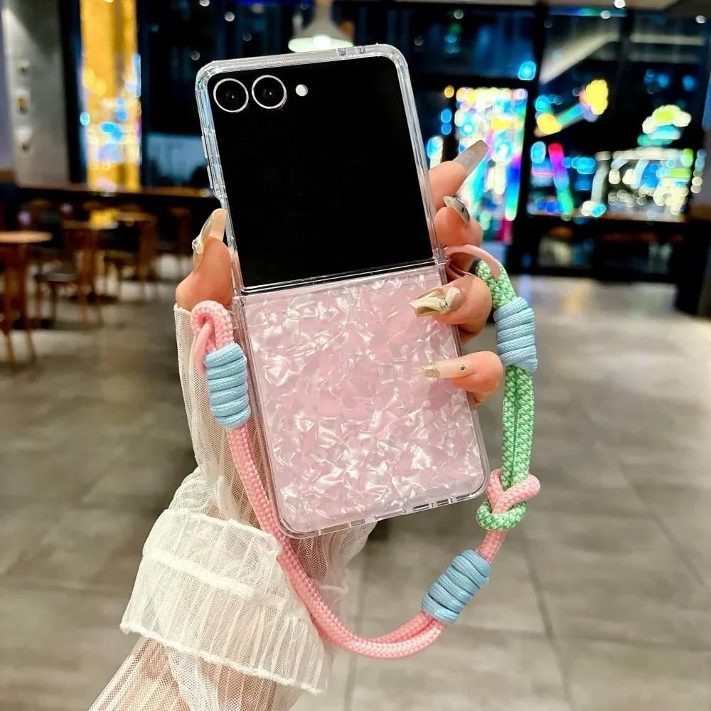 Gradient Water Ripple Colorful Lanyard Phone Case for Samsung Galaxy Z Flip 7 6 5 4 3 Slim Hard Shell Wrist Strap Protect Cover