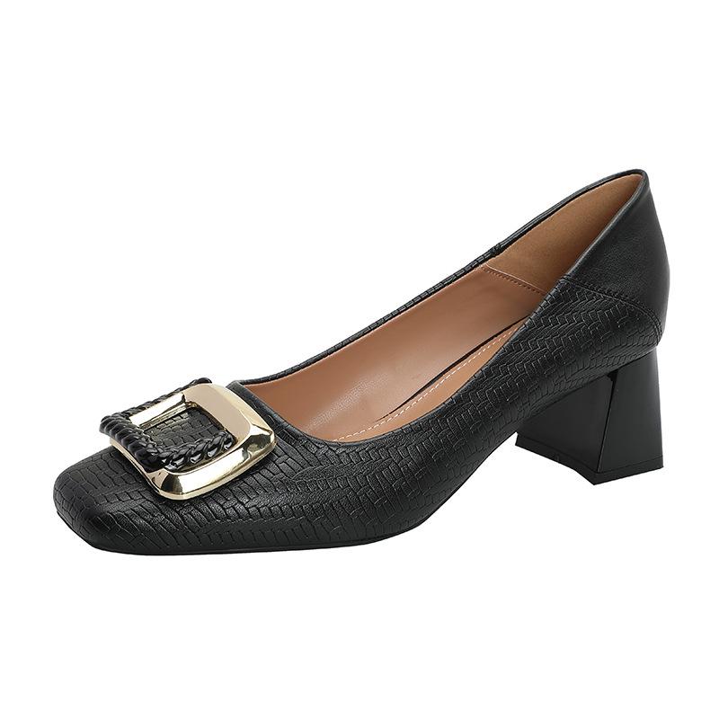 French black temperament thick heel high heels are not tired of feet 2025 spring and autumn new middle heel women's shoes square head light mout