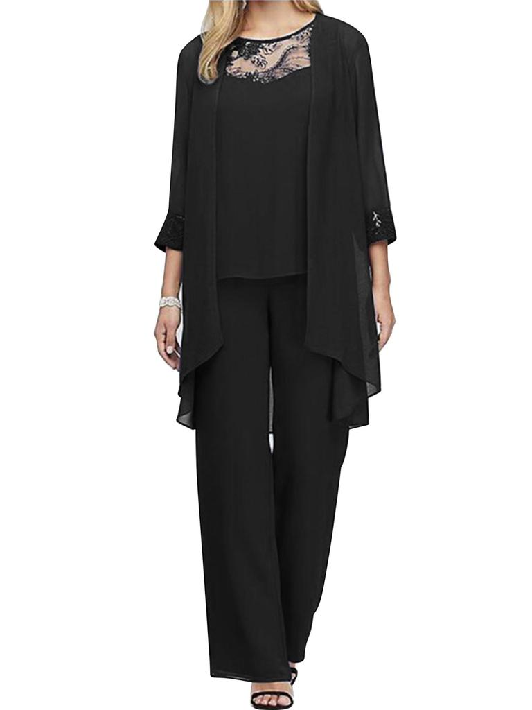 Womens Chiffon Pant Suits 3 Piece Mother of The Bride Wedding Outfit Evening Gowns Dress Suit