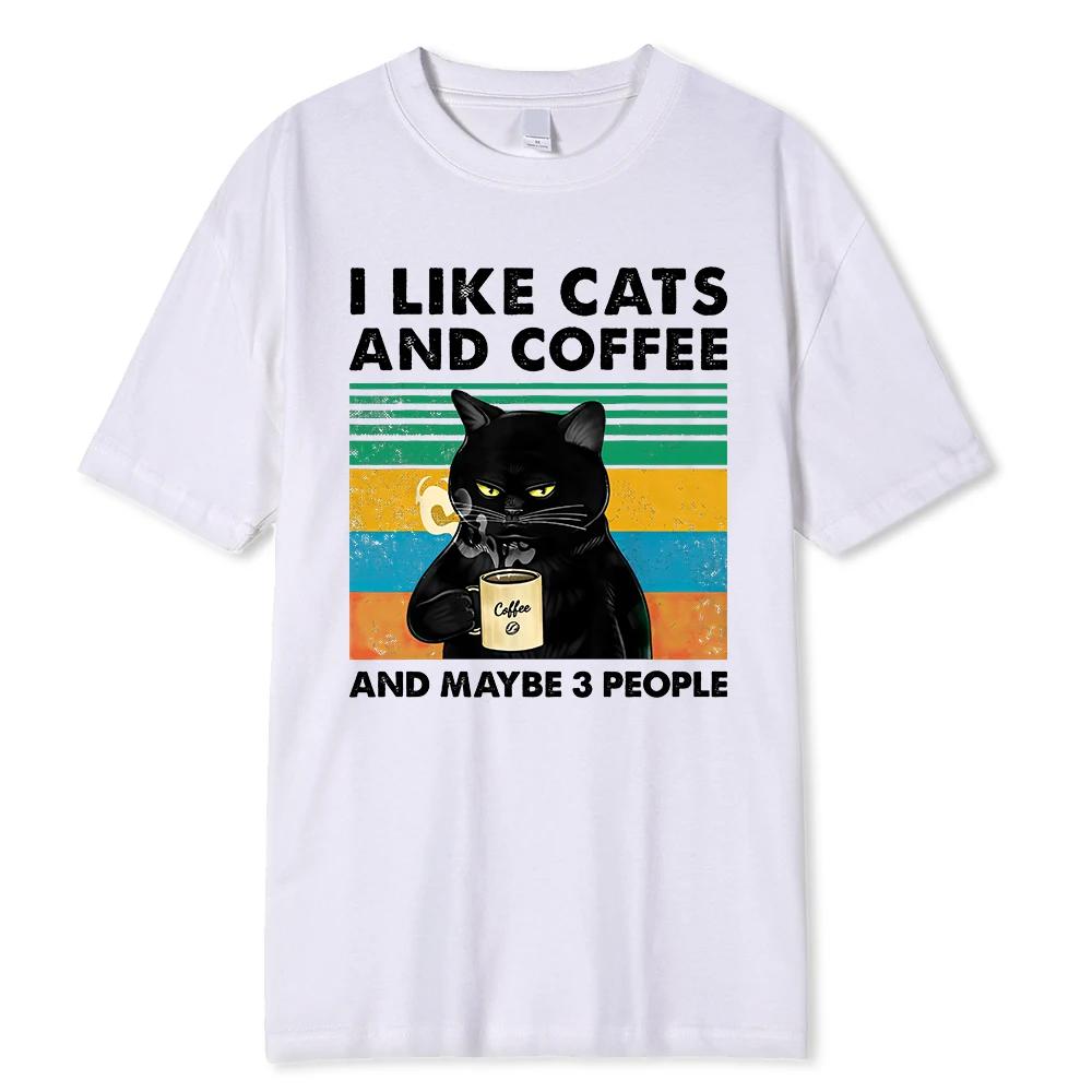 Men's I Like Cats And Coffee pattern printed 100% pure cotton short-sleeved T-shirt casual loose Harajuku top