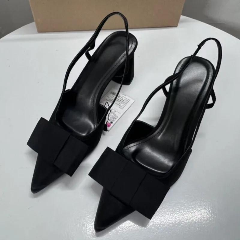 Pointed Toe Women Shoes Woman 2025 Spring Black Retro Bow Decoration High Heels Shallow Slingbacks Elegant Ladies Pumps