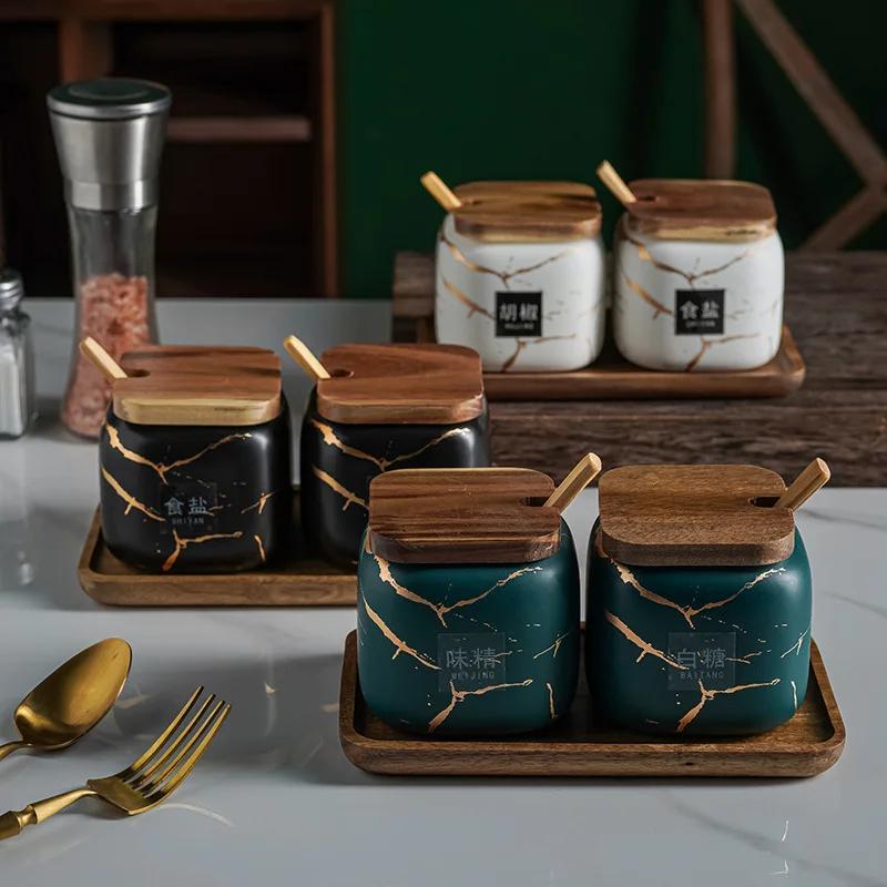 Japanese Kitchen frosted seasoning pot set two pack marble ceramic household combined seasoning box salt sugar seasoning bottle