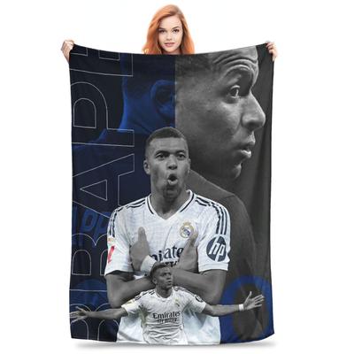 Flannel Throw Blanket Football KM Mbappe Soccer Warm Plush Blankets Soft Bedding for Bed Living Room Home Travel Couch