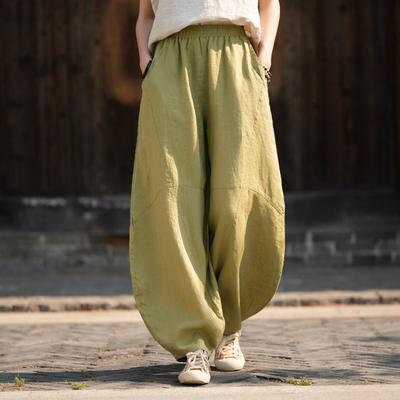 Vintage Women Bloomers Pants Patchwork Loose Trousers Autumn Elastic Waist Solid Color Long Pants