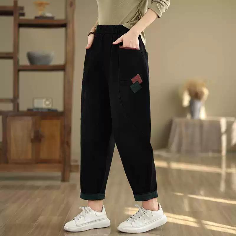 

Корейская мода осень-зима женская уличная одежда джинсовые брюки эластичный пояс пэчворк базовые джинсы винтажные повседневные свободные шаровары с карманами S чёрный
