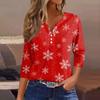 Women's Fashion Casual Christmas Print V-Neck 3/4 Sleeve Button T-Shirt Top