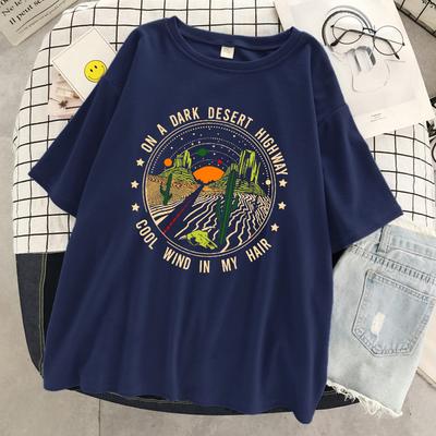 Na ciemnej pustynnej autostradzie Chłodny wiatr we włosach Damski T-shirt Bawełniane T-shirty Casualowy Miękki T-shirt Odzież Lato Ulica Krótki Rękaw