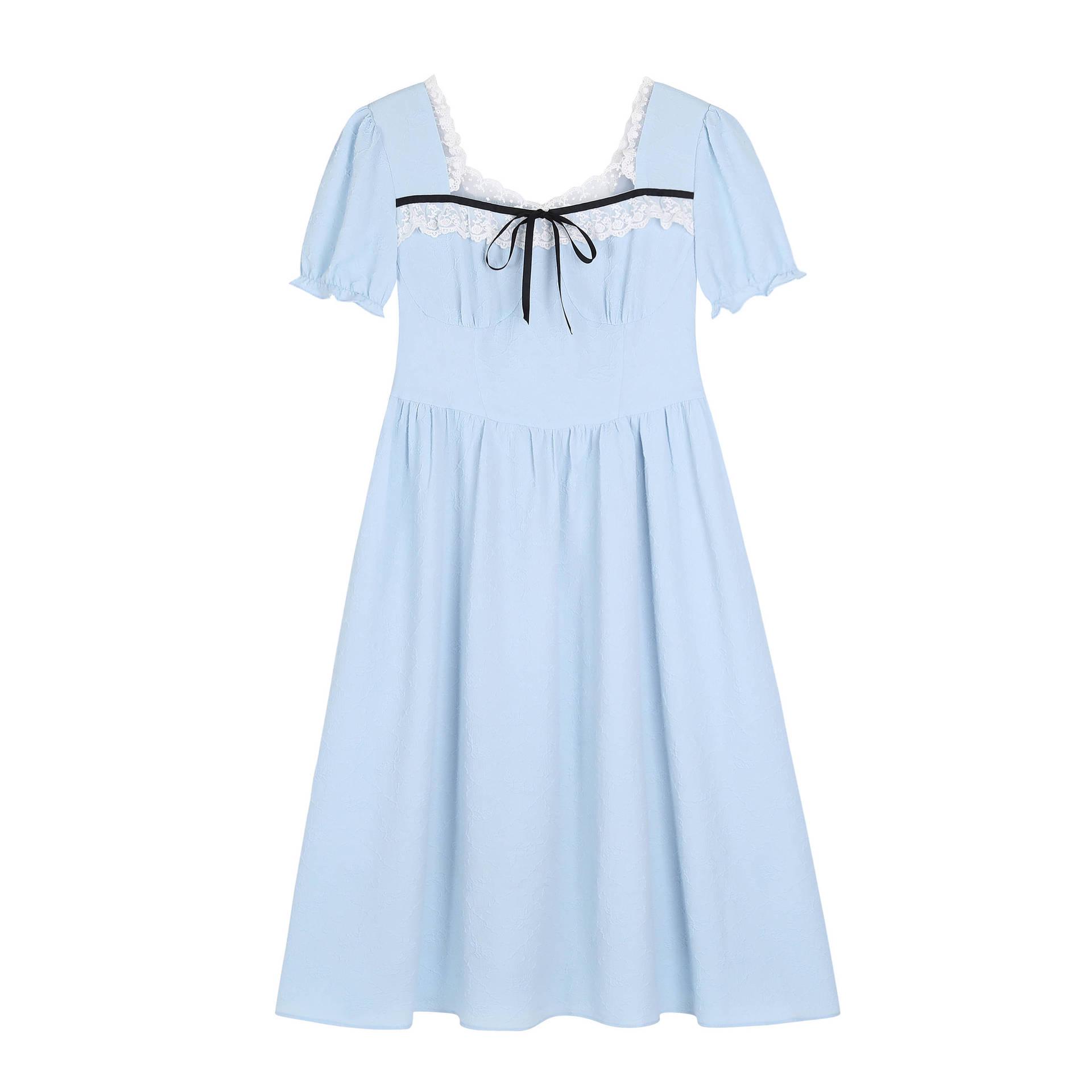 

Plus Size Lace Patchwork Puff Sleeve Square Neck Dress with Bowknot 4XL (recommended for 90-100 kg)