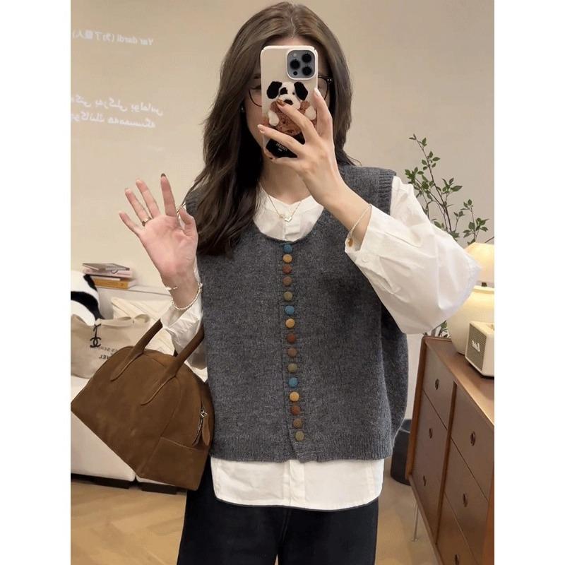 Premium single-breasted knitted vest women's spring autumn and winter retro loose vest sleeveless top fashionable versatile vest