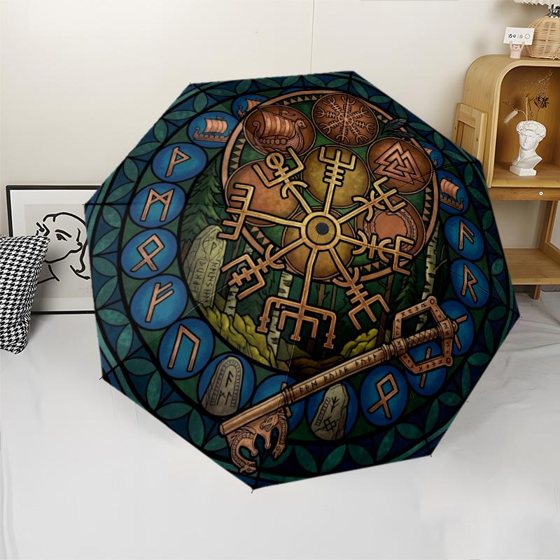 Symbols Runes pattern umbrella, portable and foldable design, 8 ribs, a casual accessory for Halloween, Christmas, and birthday gifts.