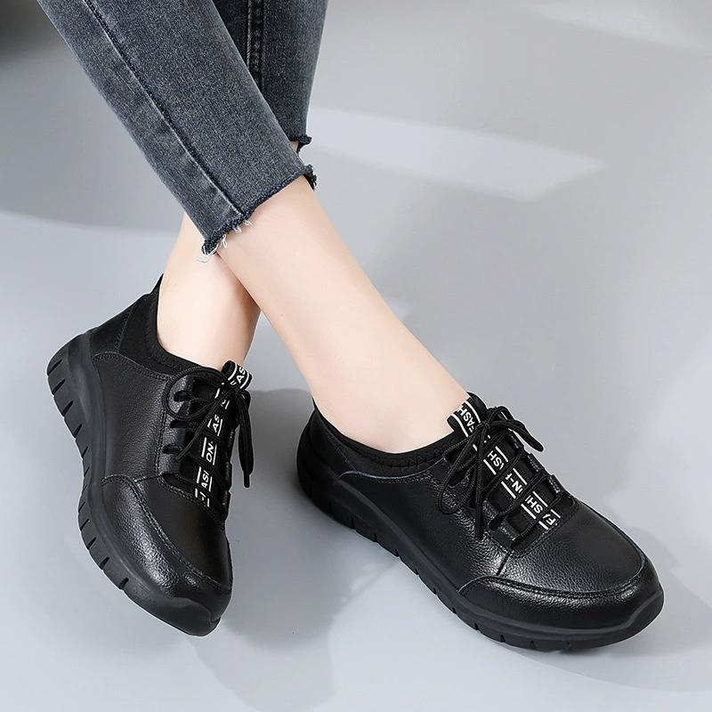 Spring and Autumn PU Leather Tendon Sole Shoes Women's Wear-Resistant Flat Casual Cowhide Middle-Aged and Elderly Mom Shoes