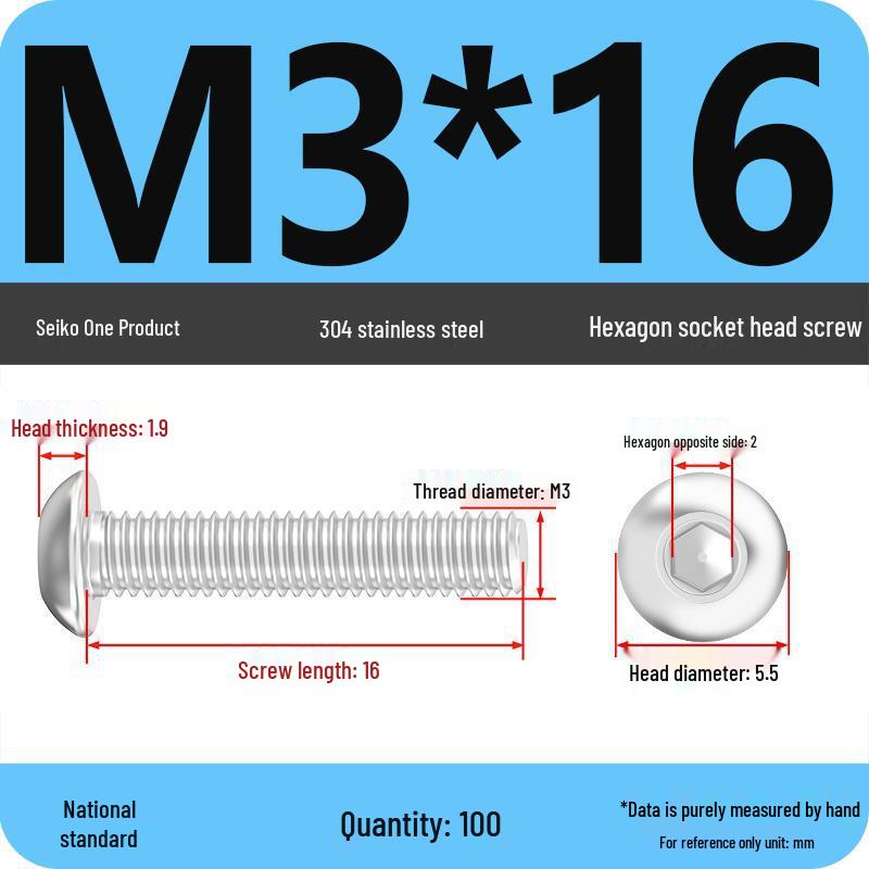 304 Stainless Steel Pan, Half, and Round Head Hexagon Screws (M2-M12)