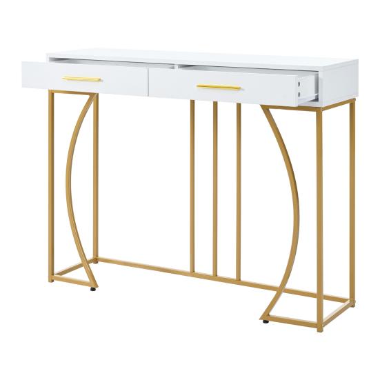 Console Table with 2 Drawers Light Luxury Modern Metal Golden Frame Living Room Farmhouse Long Hallway Table Behind Sofa Narrow Entryway Table