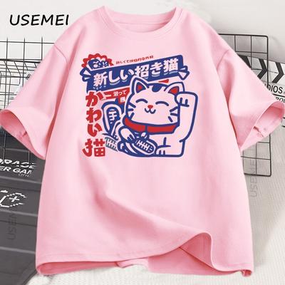 Camiseta con Estampado de Gato de Anime Kawaii Estilo Japonés Camiseta de Algodón Suave Transpirable Cuello Redondo Manga Corta Camiseta Unisex Streetwear