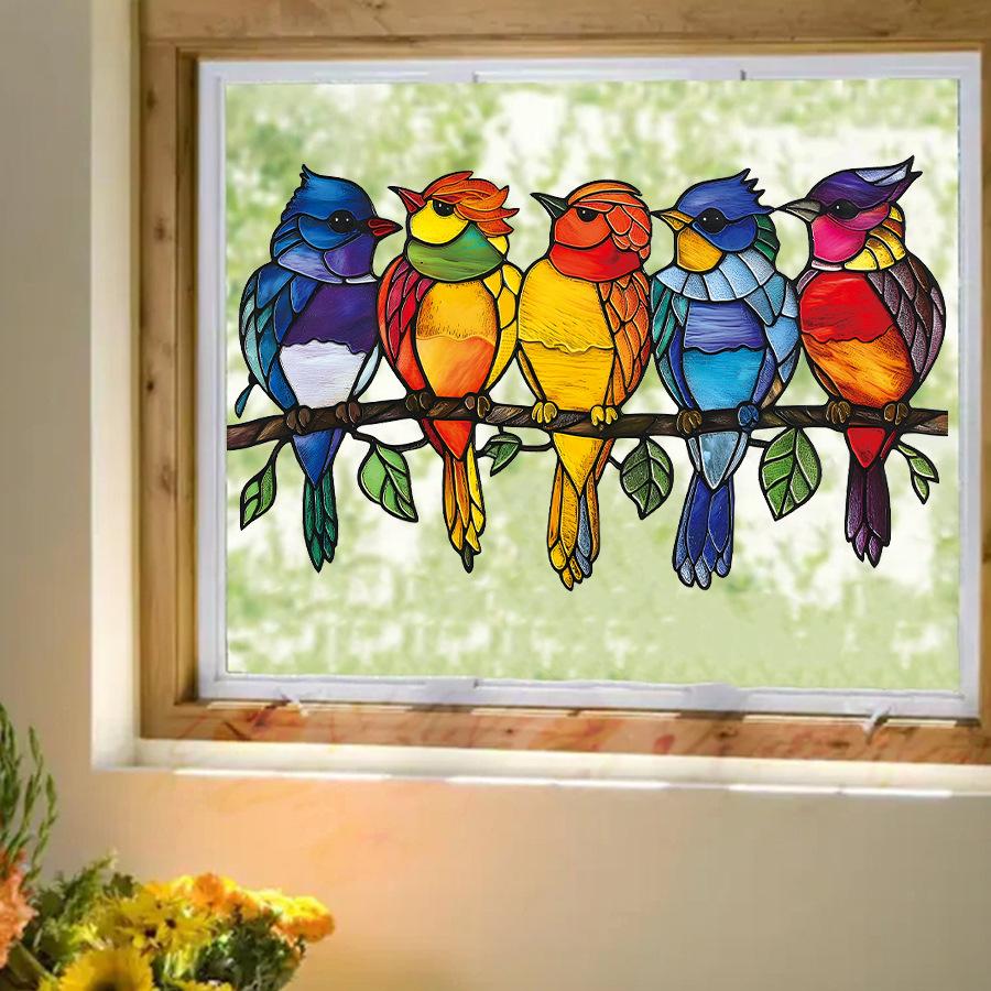 Vintage Mosaic Painted Woodpecker Window Stickers, Self-Adhesive Decals for Storefront Home Glass Decoration