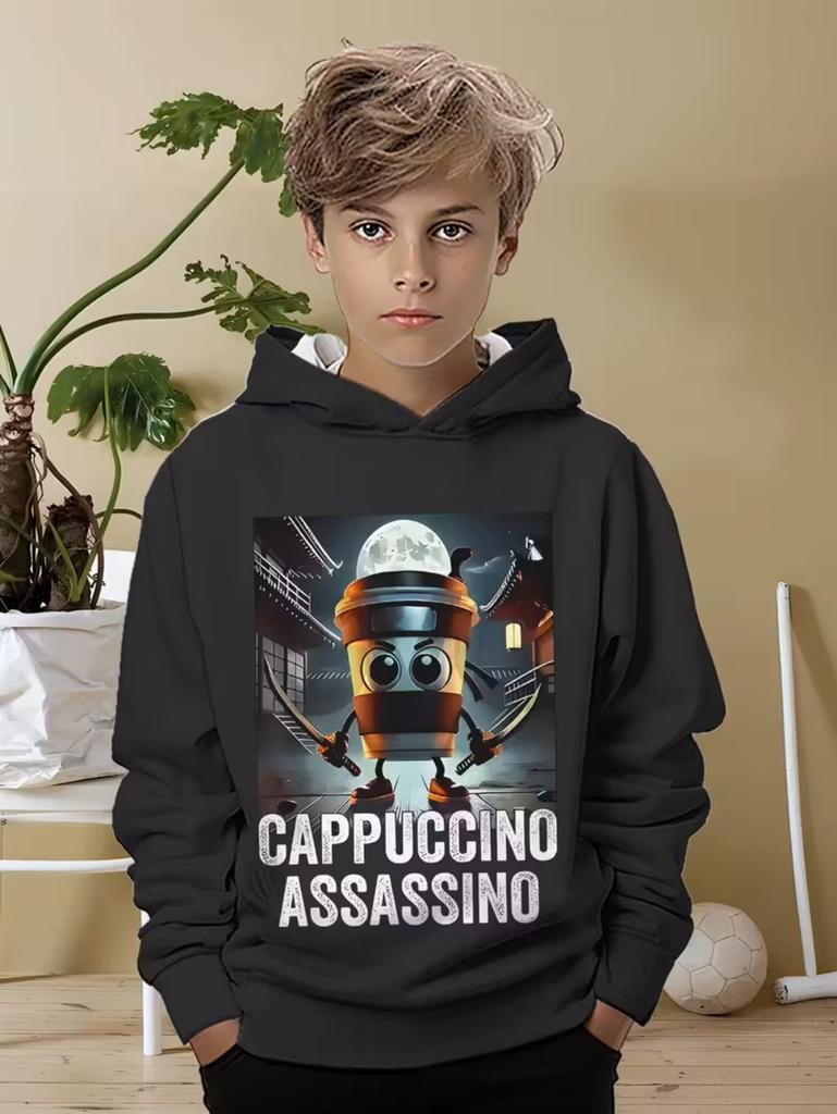 Felpe Divertenti Cappuccino Assassino Ragazzi Ragazze Felpa Divertente Stampa Italian Brainrot Manica Lunga Felpe con Cappuccio Bambini Felpe Umoristiche