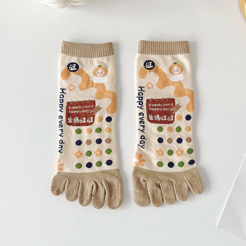 

Женские носки с пятью пальцами, Хлопковые носки на весну и лето, Мультяшные и милые, С раздельными пальцами, Дышащие, Потопоглощающие, Носки до середины икры против потливости 1 pair