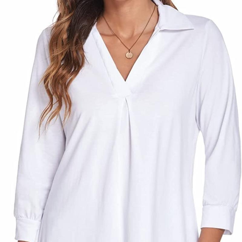 2025 Spring Autumn Women's Chiffon Blouse, Notched Lapel V-Neck Three-Quarter Sleeve Shirt, Loose Fit Solid Color Office Casual Top For Workwear
