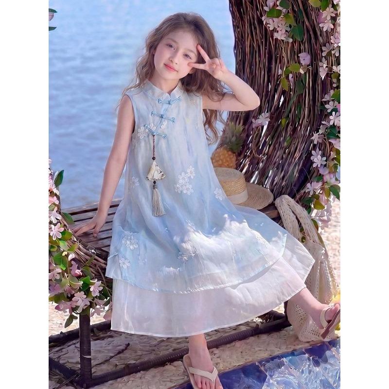 Girls' New Chinese-style Sweet Dress for Summer, Children's Princess, Chinese Style Blue Dress