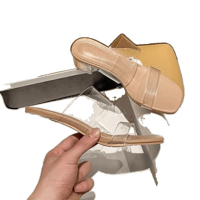 High Heels Sandals Women's Summer New Fashion Transparent Middle Heel Crystal Shoes Fashion Thick Heel Outer Slippers