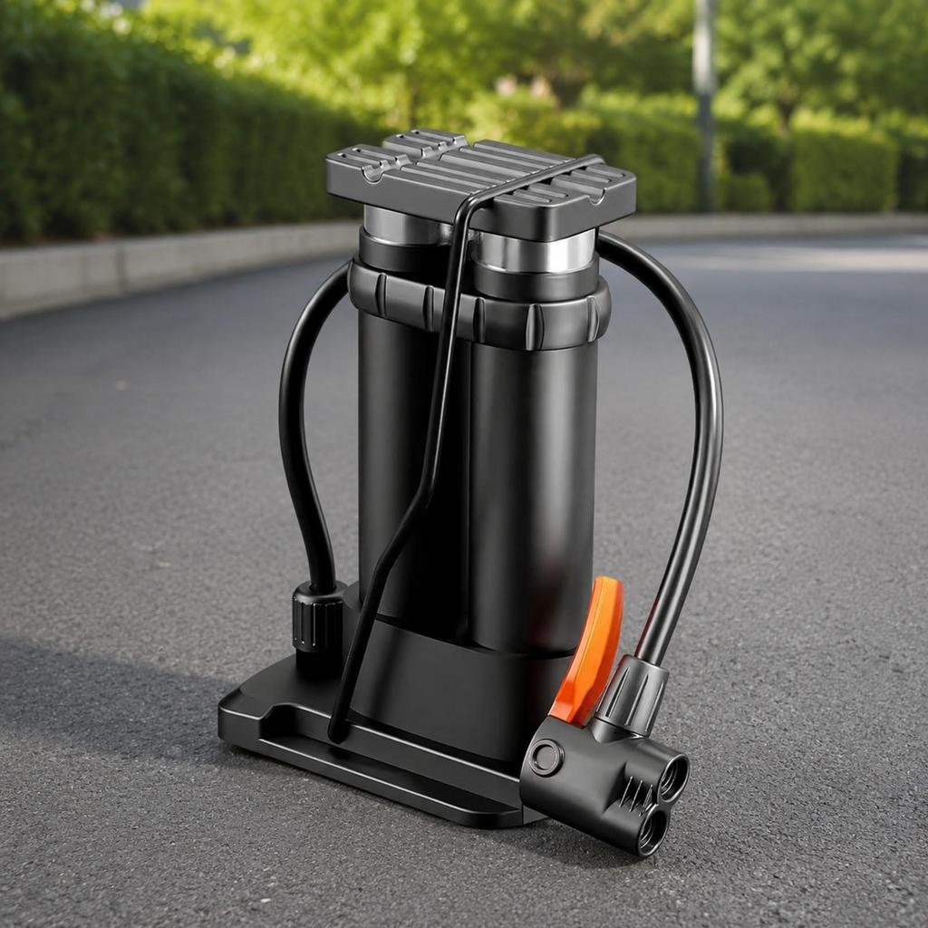Compact Bike Foot Pump | Wide Non-Slip Pedal, Double Cylinder Pump,