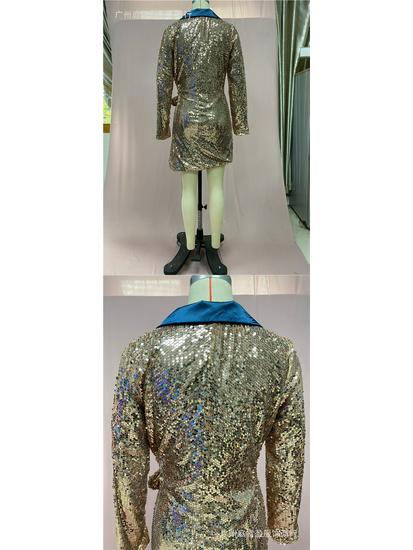 European & American Ladies' Fashionable Sequin Tie-Up Dress with Waist Cinch and Lapel 