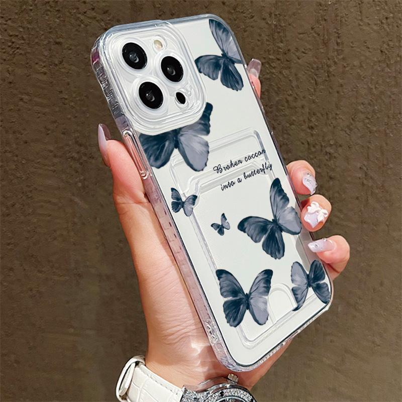 Butterflies Printed Soft TPU Clear Shockproof Casing Protective Cover Transparent Full Back Case with 1 Card Slot Holder