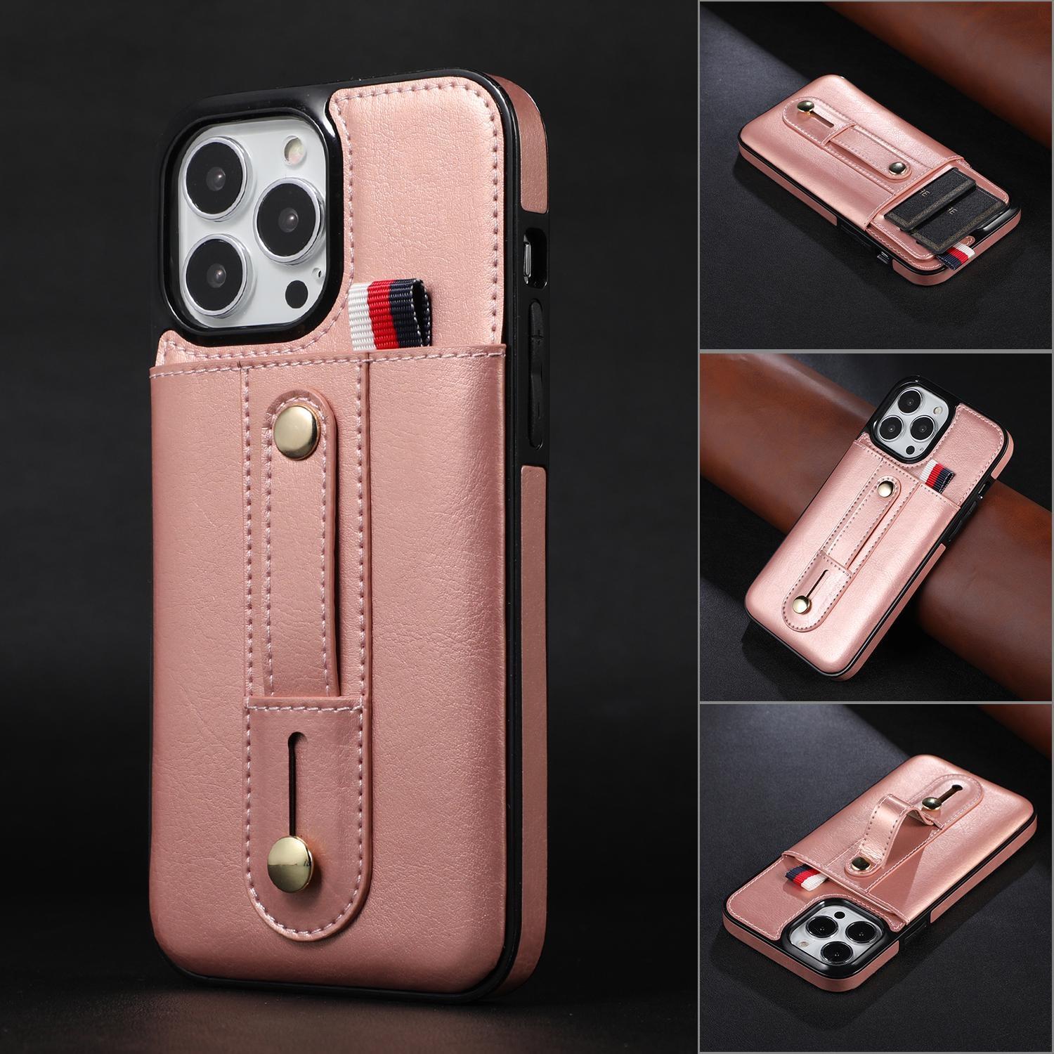 

Кожаный чехол-кошелек с ремешком на запястье и выдвижным слотом для карт для iPhone 15 14 13 12 11 Pro Max XS MAX XR Samsung S23 S22 S21 Ultra Plus A14 A13 A53 A54 iPhone 11 розового золота