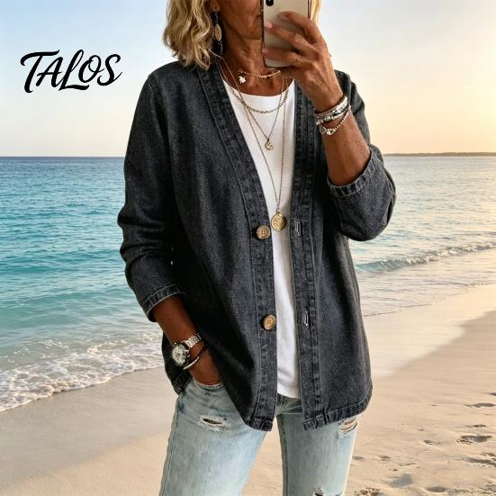 Talos Women's Button Front Faux Denim Jacket, V Neck Long Sleeve Casual Coat, Vintage Loose Fit Imitation Jeans Cardigan