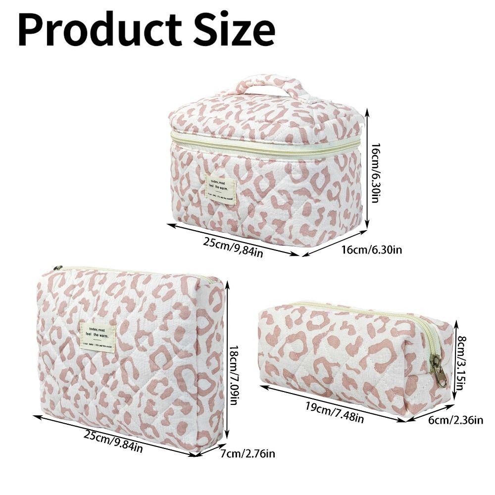 Quilted Cotton Handheld Makeup Bag Leopard Print Large Capacity Toiletry Bag Zipper Closure Portable Cosmetic Storage Organizer