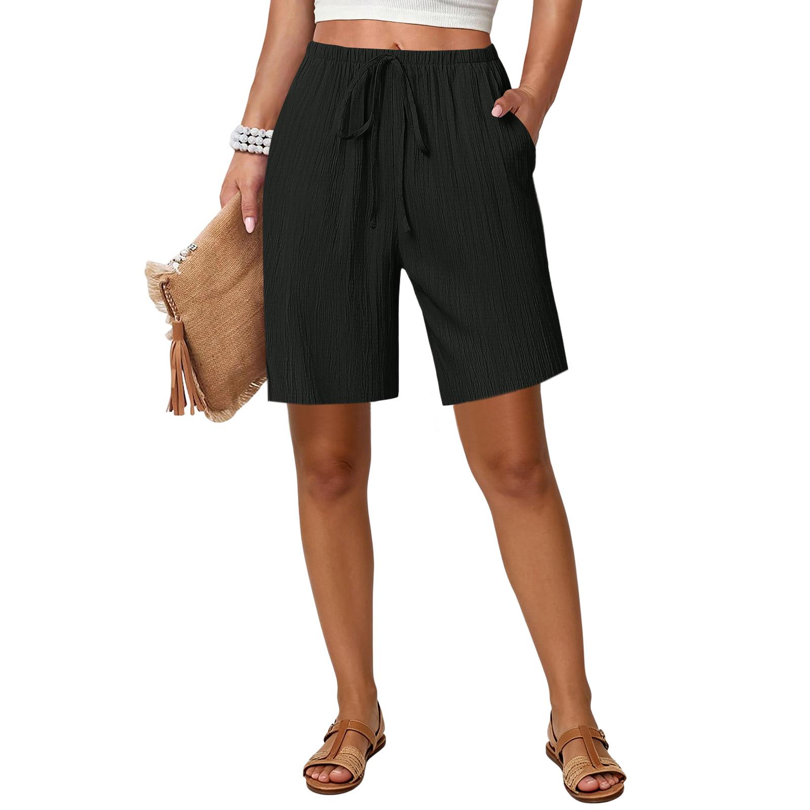 Women s Loose Straight Drawstring Pocket Casual Shorts S чёрный
