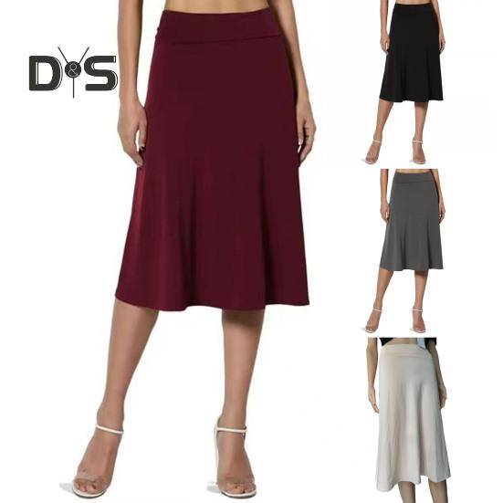 Women's Knee Length Skirt Summer Casual High Waisted Flared A-Line Skirt Stretchy Simple Foldover Midi Skirt