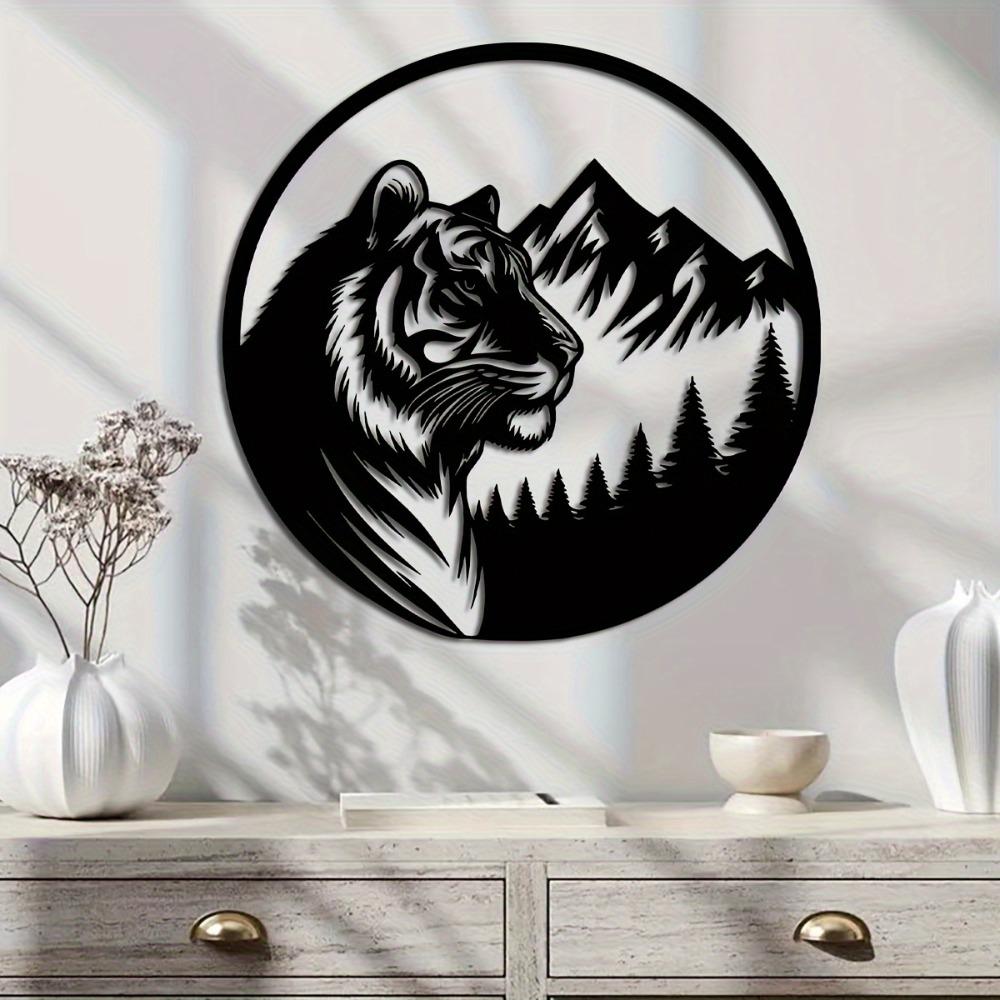 1pc Black Metal Tiger Wall Art 15.74 Inch Round Wildlife Design Mountain Forest Pattern Home Patio Balcony Decor Housewarming Wedding Mother Day Gift