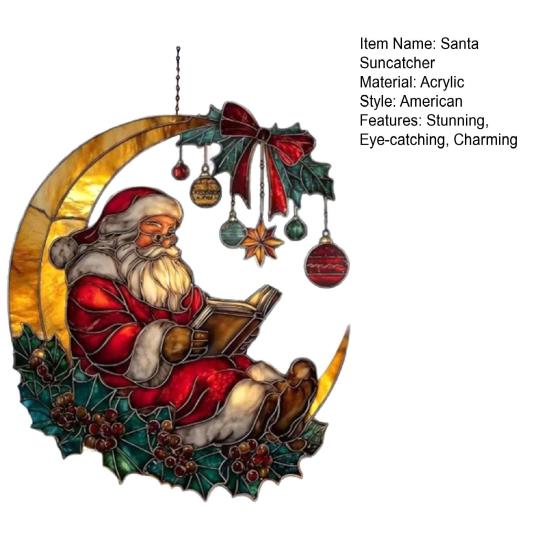 Cozy Santa Reading On Moon Suncatcher Christmas Stained Glass Look Window Hanging Ornament with Berries Bow for Holiday Window Wall Decor
