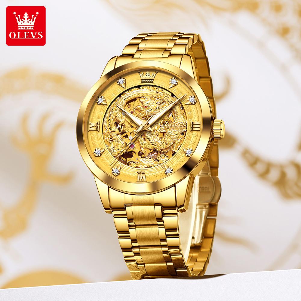OLEVS Gold Steel Dragon Dial Automatic Watch Men Full Steel Waterproof Miyota Mechanical Mens Watches Top Brand Luxury Relogio
