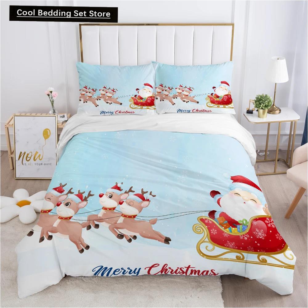 Merry Christmas King Queen Duvet Red Cartoon Santa Car Animals Bedding Set for Children Boy Girl Happy Holiday Theme Quilt Cover