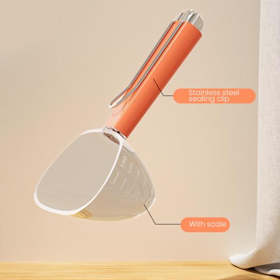 Pala pentru mâncare de câini Cupă de măsurat din plastic multifuncțională pentru mâncare de animale cu mâner lung Clips de sigilare 2 în 1 pentru mâncare de câini, pisici, păsări