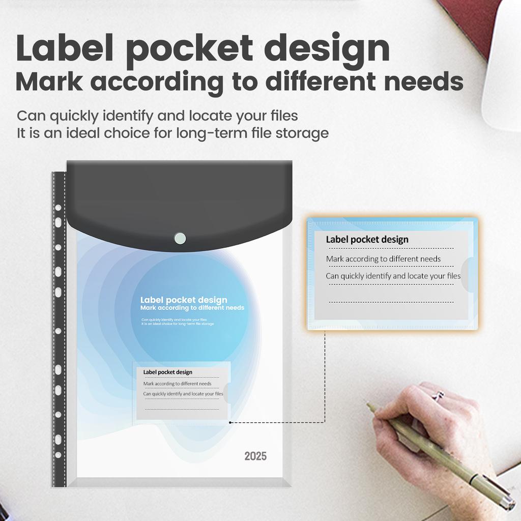 24Pcs Plastic Envelopes Binder Pocket with 11 Holes Waterproof Envelopes Binder Folder with Snap Button and Label Pocket